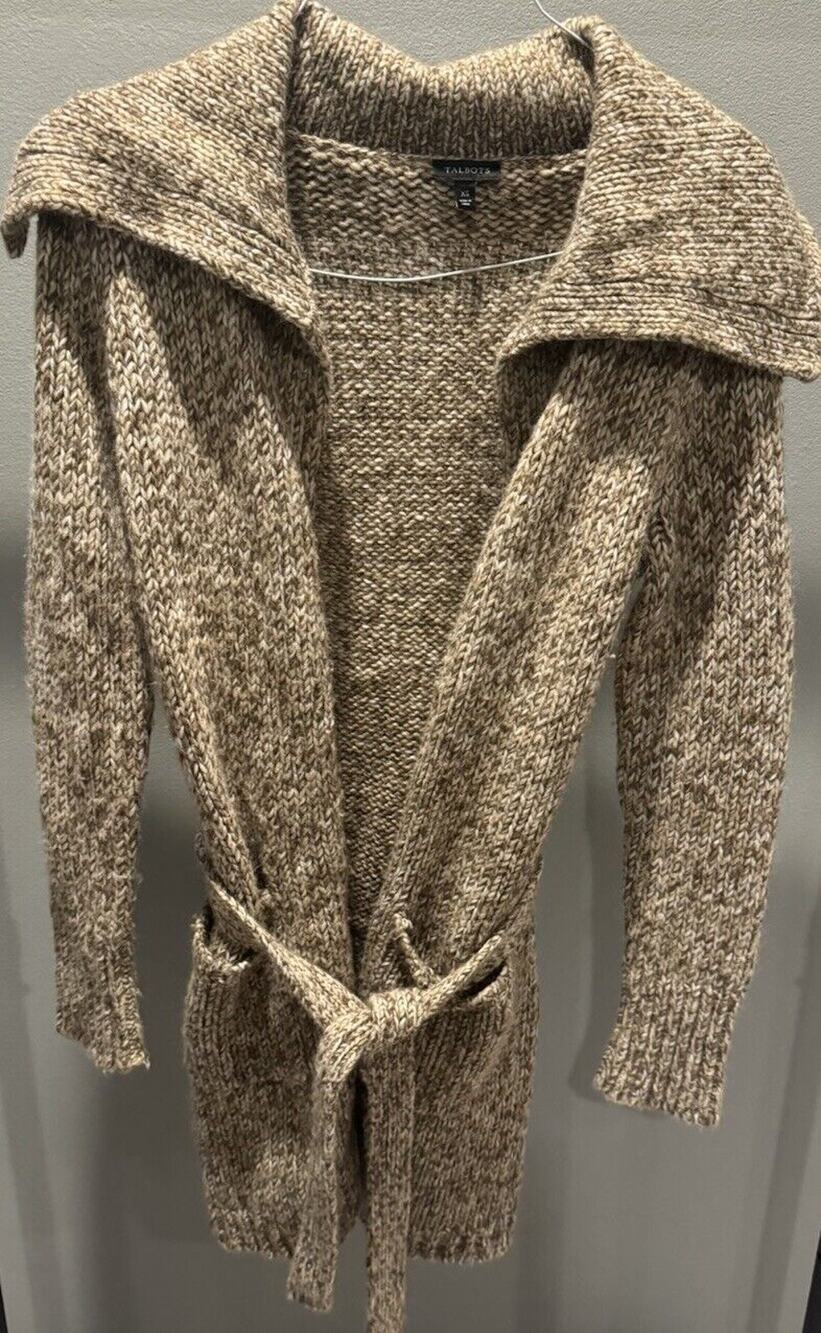 Talbots Sweater Womens M Wool Blend Brown Cardigan Open Front Belted Long